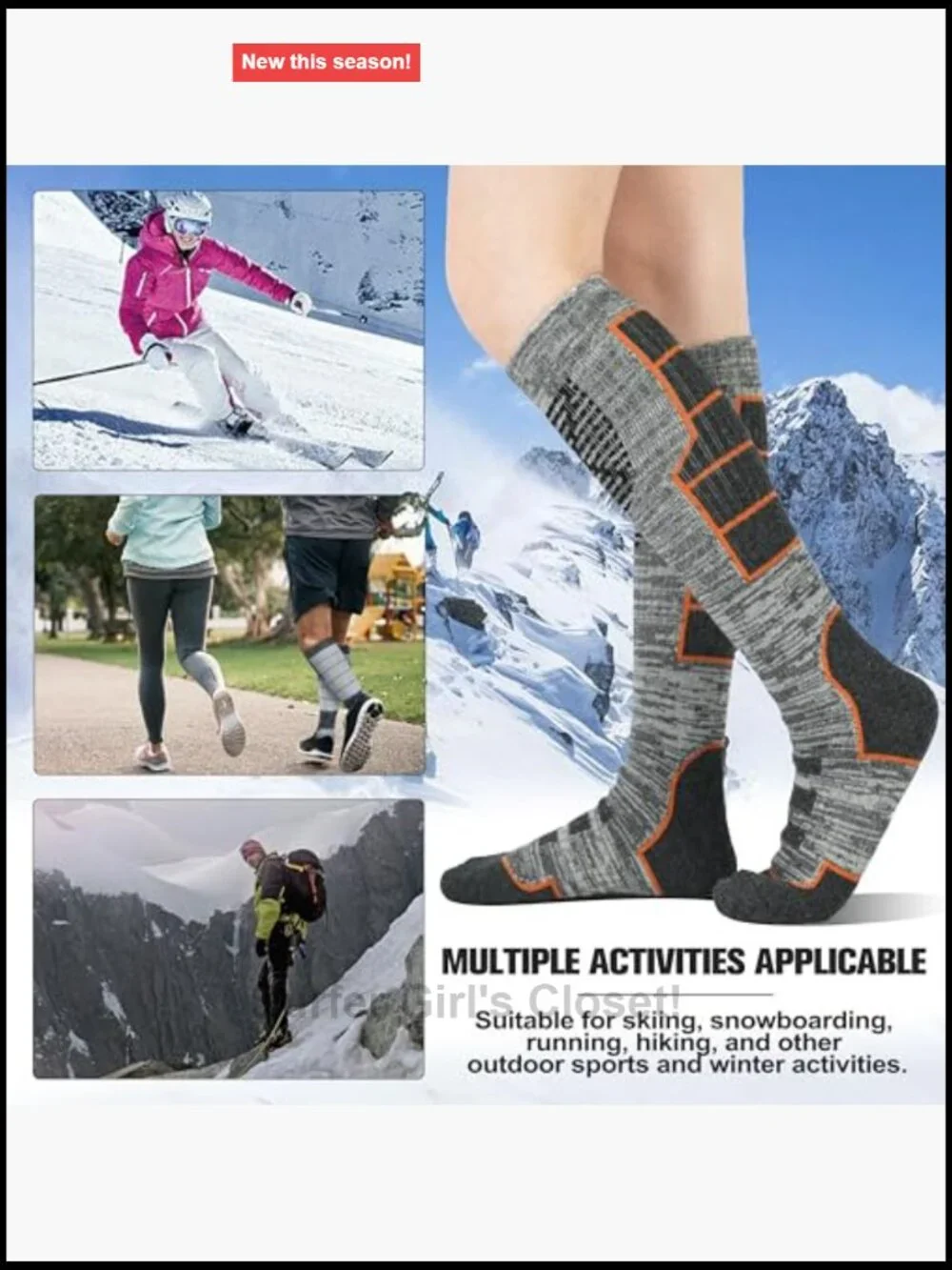 Merino Wool Knee High Ski Socks 3-Pack Thermal Warm Athletic